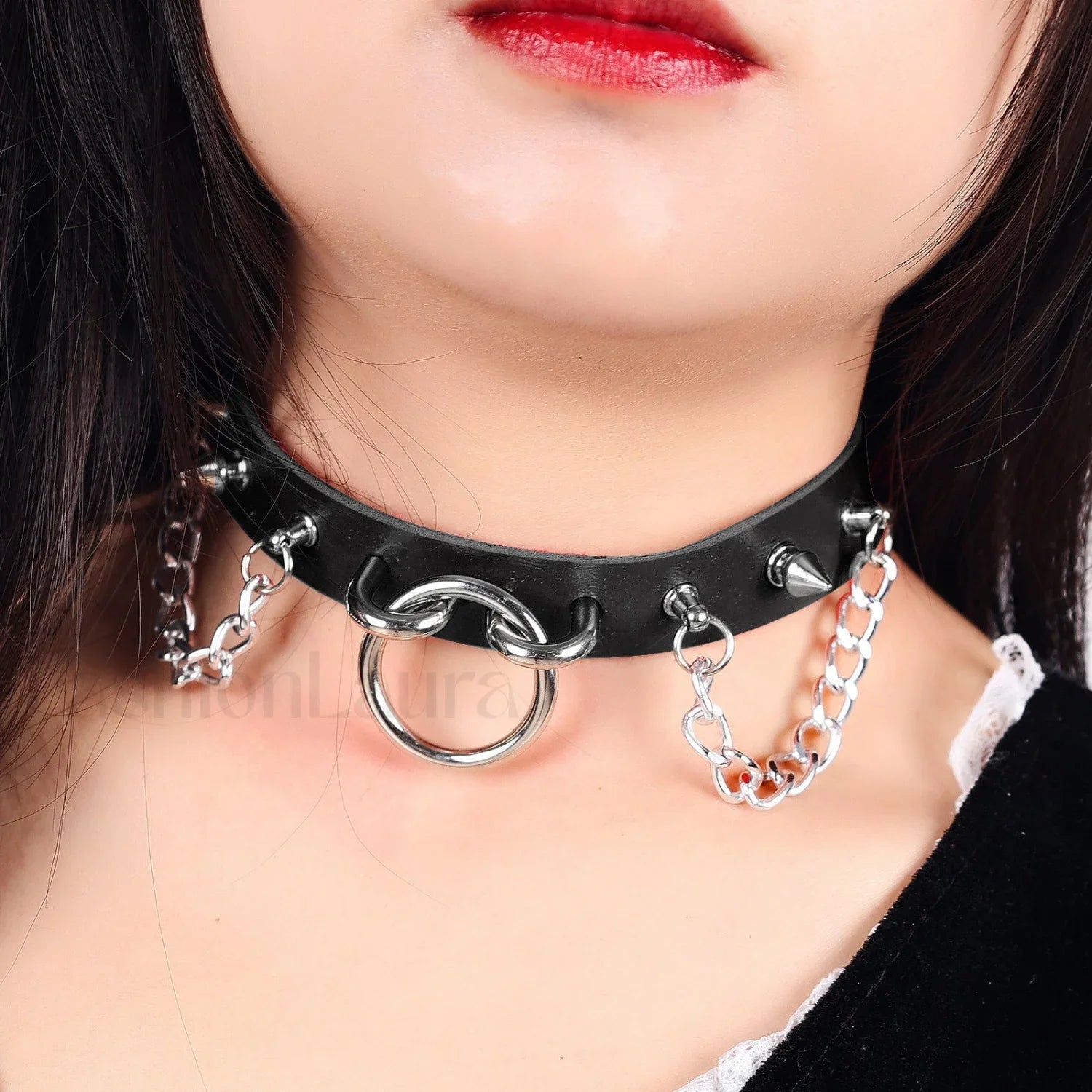 O Ring Rivet Chain Punk Leather Gothic Necklace
