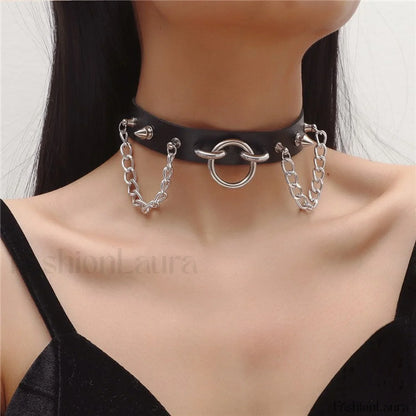 O Ring Rivet Chain Punk Leather Gothic Necklace