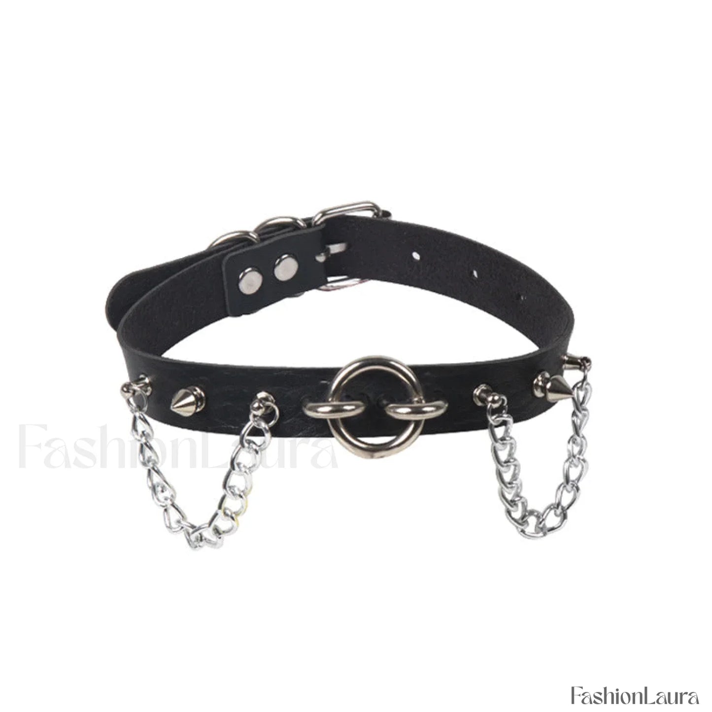 O Ring Rivet Chain Punk Leather Gothic Necklace BLACK