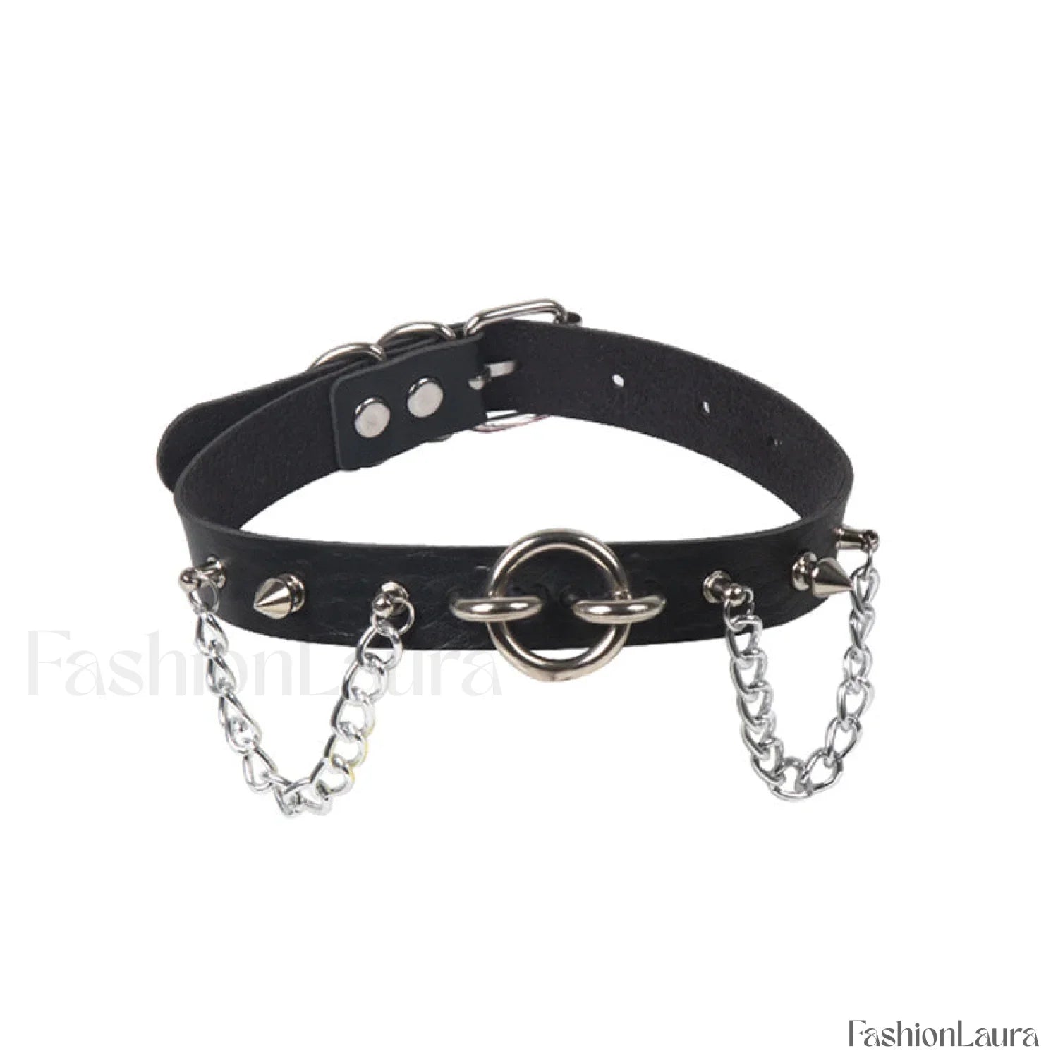 O Ring Rivet Chain Punk Leather Gothic Necklace BLACK