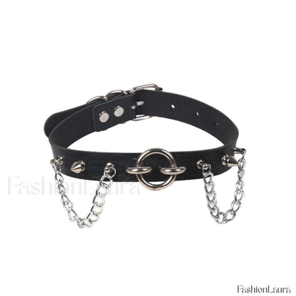 O Ring Rivet Chain Punk Leather Gothic Necklace BLACK