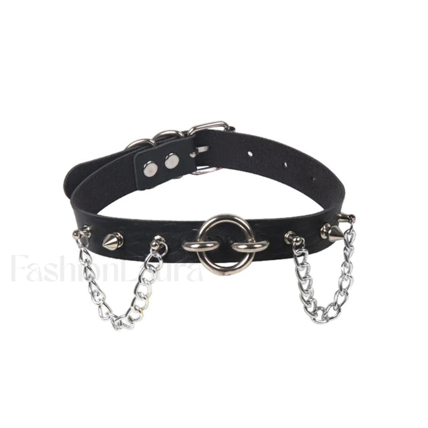 O Ring Rivet Chain Punk Leather Gothic Necklace BLACK