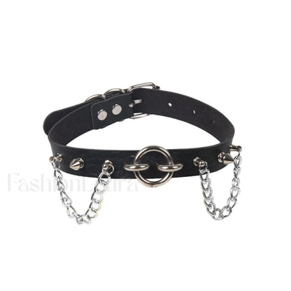 O Ring Rivet Chain Punk Leather Gothic Necklace BLACK