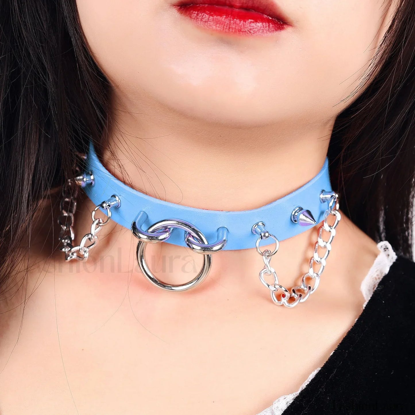 O Ring Rivet Chain Punk Leather Gothic Necklace BLUE
