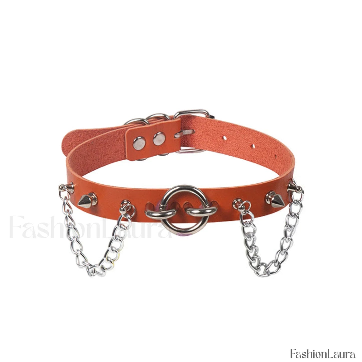 O Ring Rivet Chain Punk Leather Gothic Necklace ORANGE