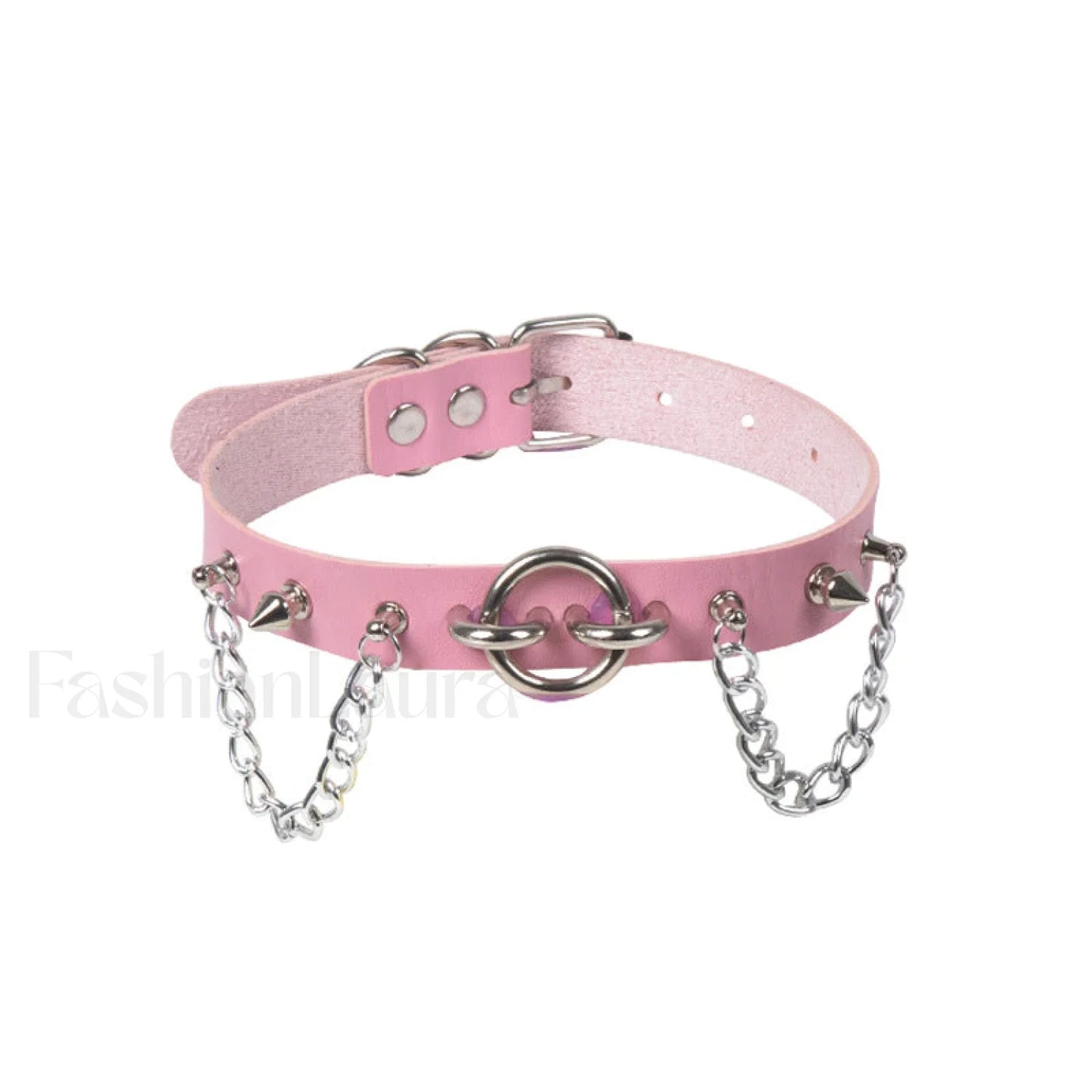 O Ring Rivet Chain Punk Leather Gothic Necklace PINK