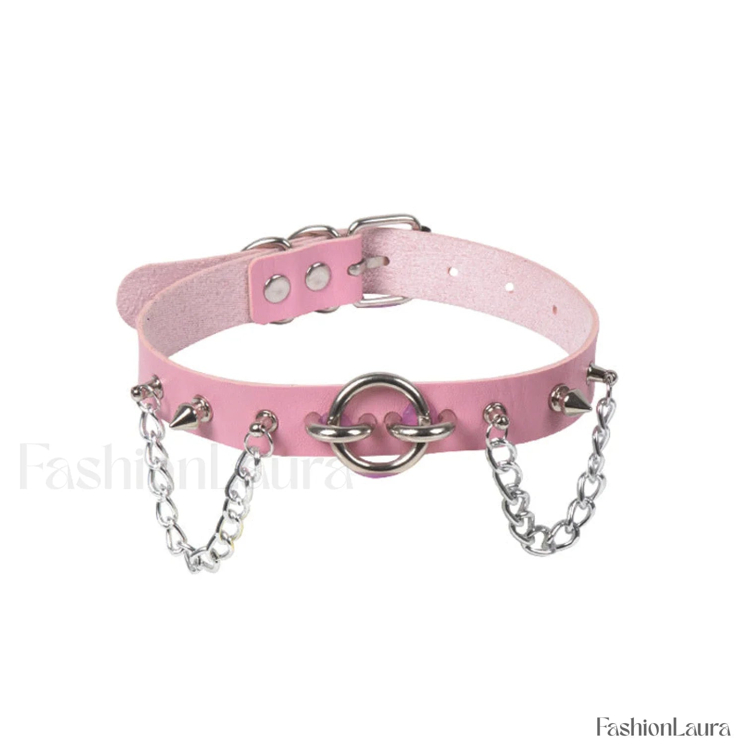 O Ring Rivet Chain Punk Leather Gothic Necklace PINK
