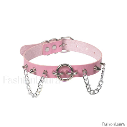 O Ring Rivet Chain Punk Leather Gothic Necklace PINK