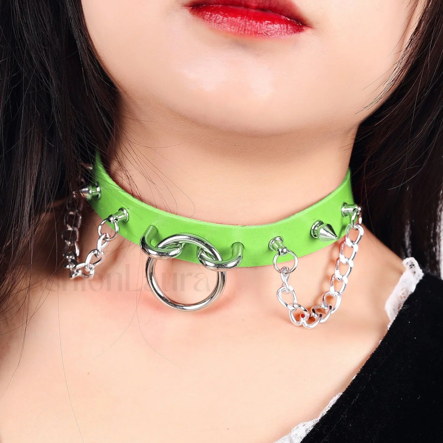 O Ring Rivet Chain Punk Leather Gothic Necklace PUR