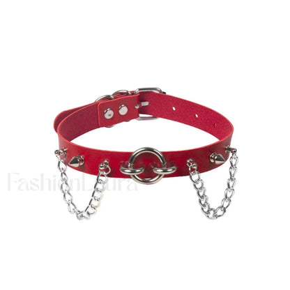 O Ring Rivet Chain Punk Leather Gothic Necklace RED