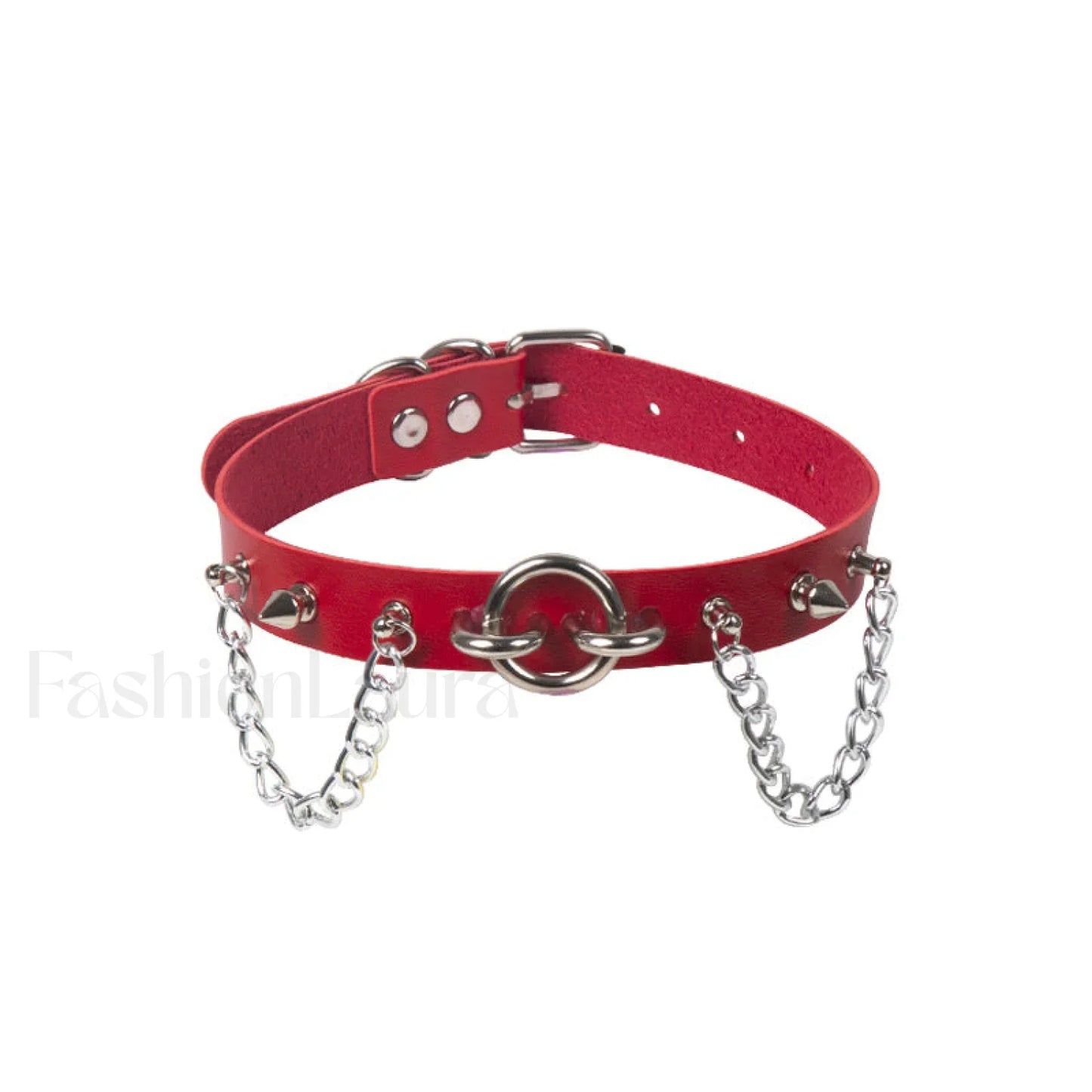 O Ring Rivet Chain Punk Leather Gothic Necklace RED