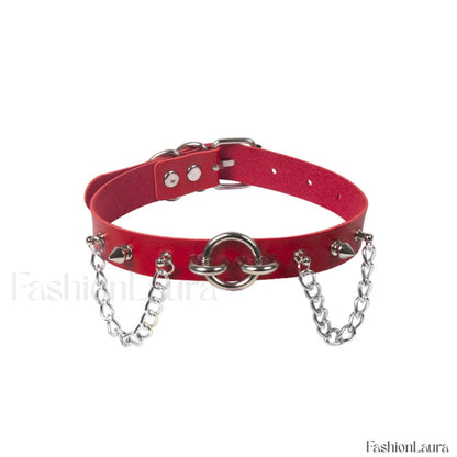 O Ring Rivet Chain Punk Leather Gothic Necklace RED