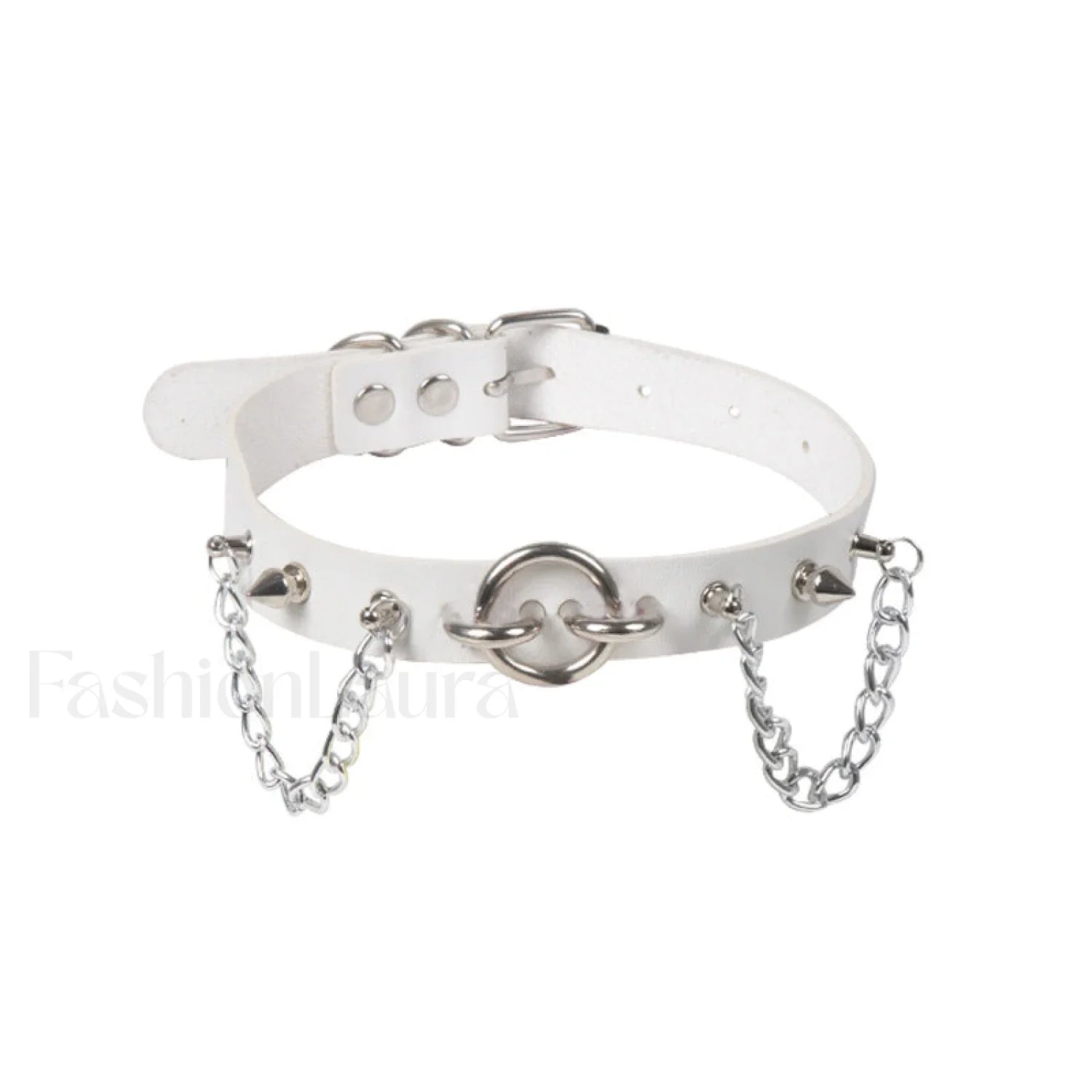 O Ring Rivet Chain Punk Leather Gothic Necklace WHITE