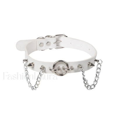 O Ring Rivet Chain Punk Leather Gothic Necklace WHITE