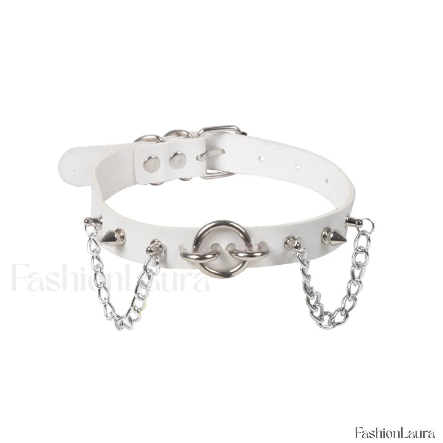 O Ring Rivet Chain Punk Leather Gothic Necklace WHITE