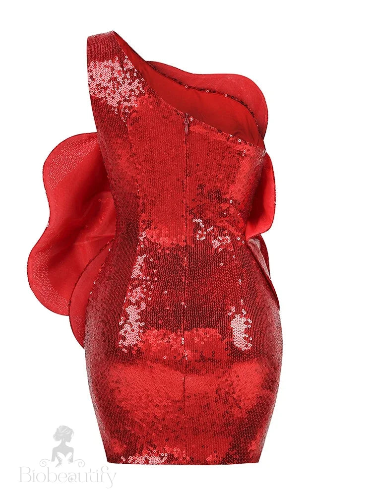 Odalys One Shoulder Red Sequin Mini Dress With 3D Flowers