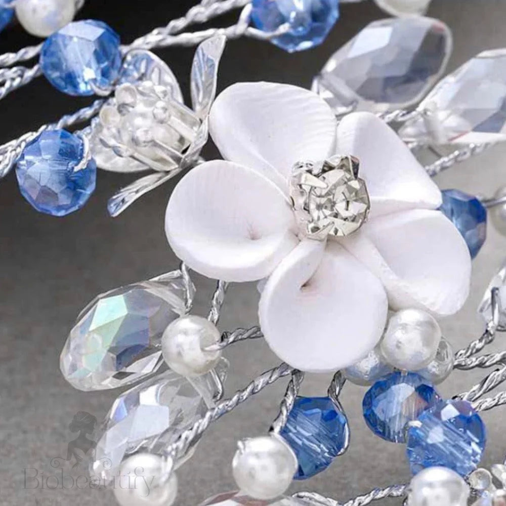 Odette Blue Floral Ceramic Bridal Hair Vine