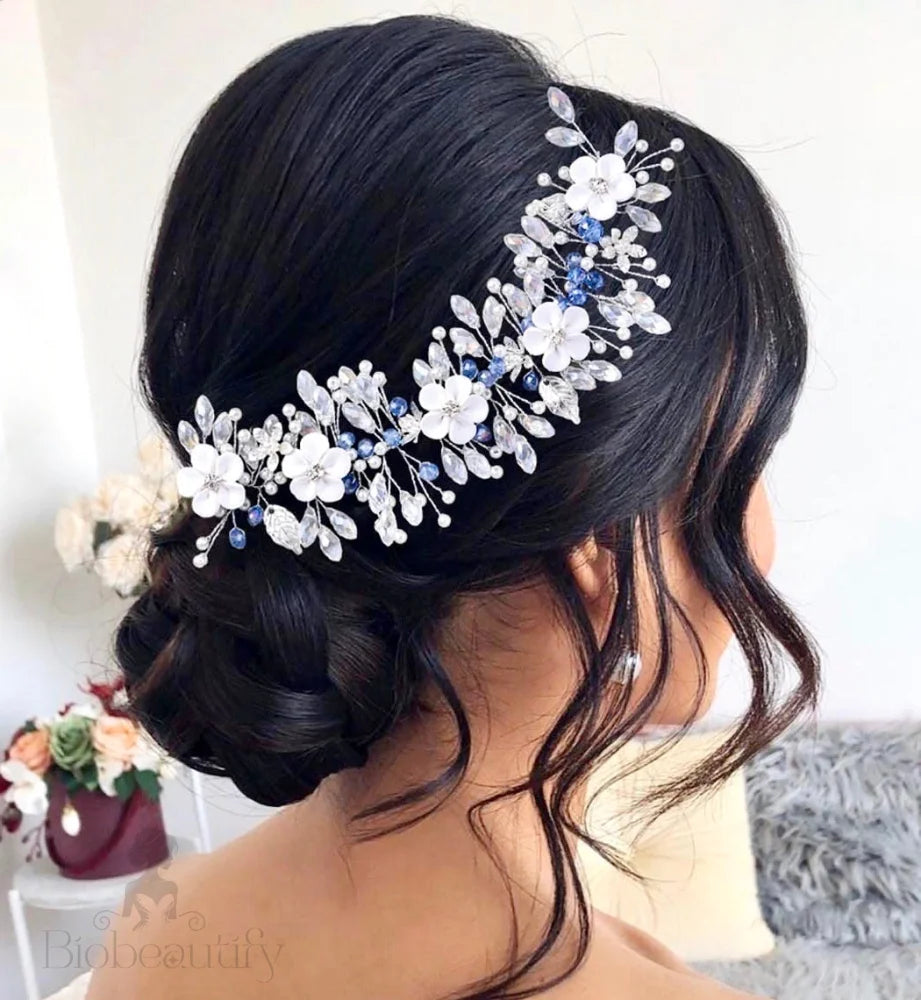 Odette Blue Floral Ceramic Bridal Hair Vine