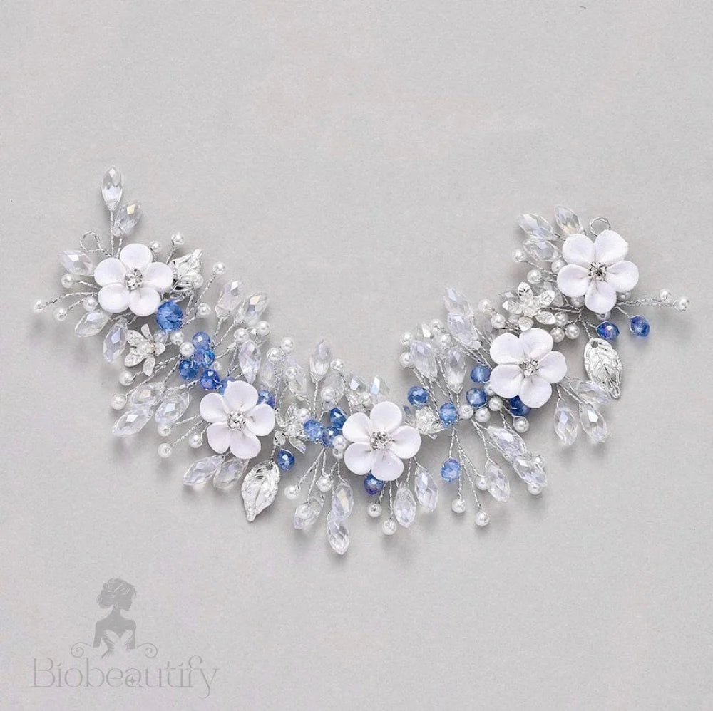 Odette Blue Floral Ceramic Bridal Hair Vine