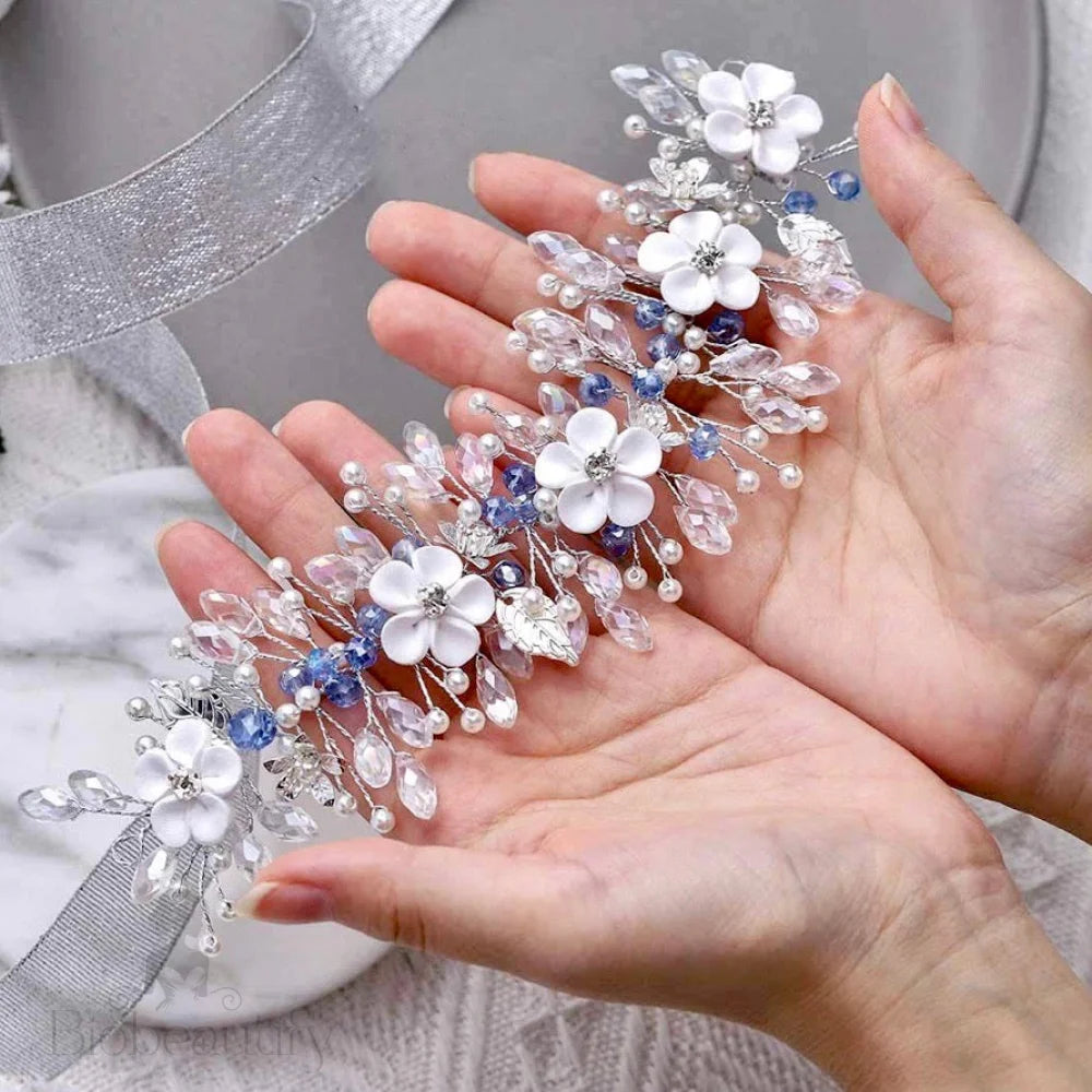 Odette Blue Floral Ceramic Bridal Hair Vine