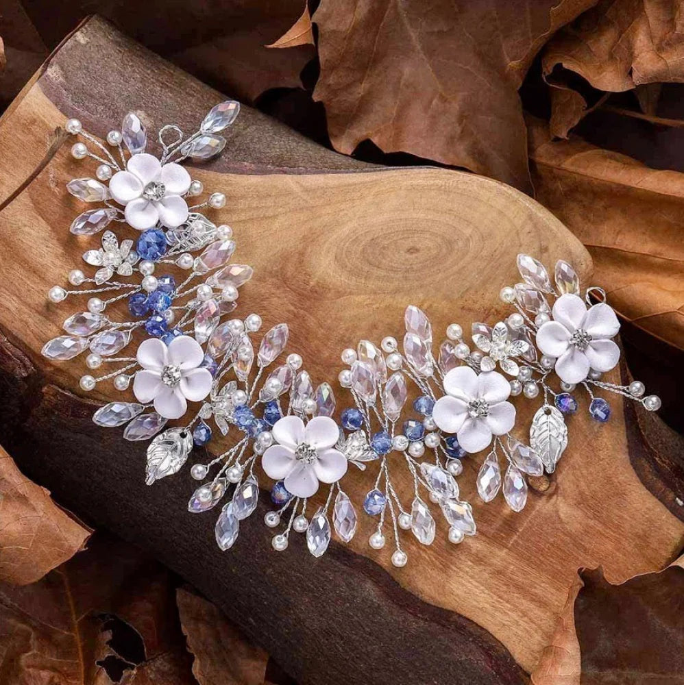 Odette Blue Floral Ceramic Bridal Hair Vine