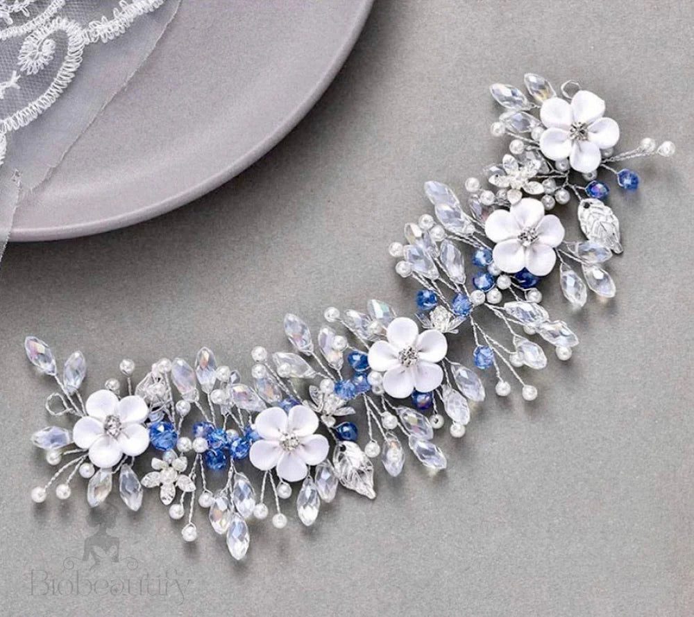 Odette Blue Floral Ceramic Bridal Hair Vine