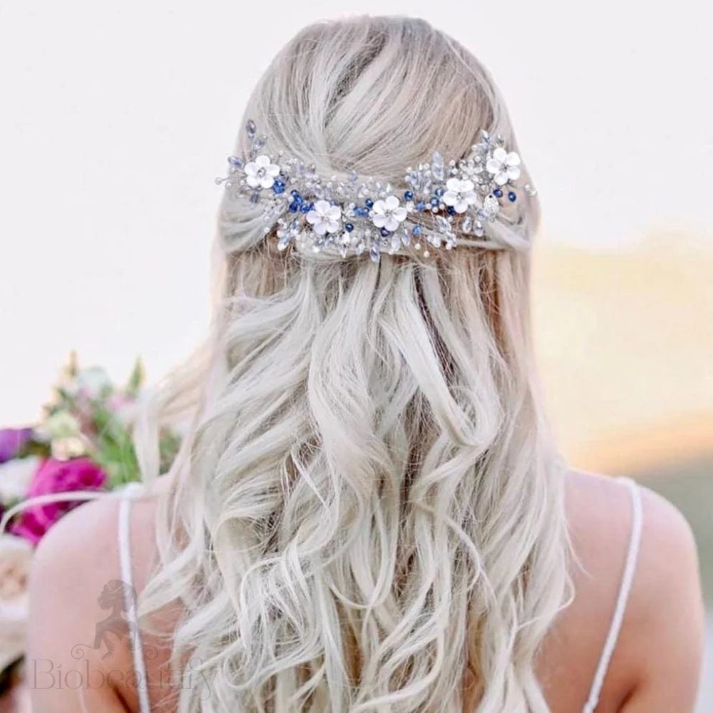 Odette Blue Floral Ceramic Bridal Hair Vine