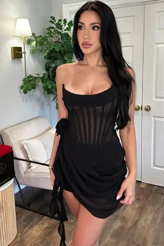 Off Shoulder Backless See Through Mini Dress