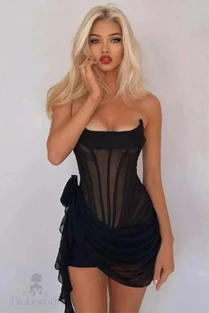 Off Shoulder Backless See Through Mini Dress