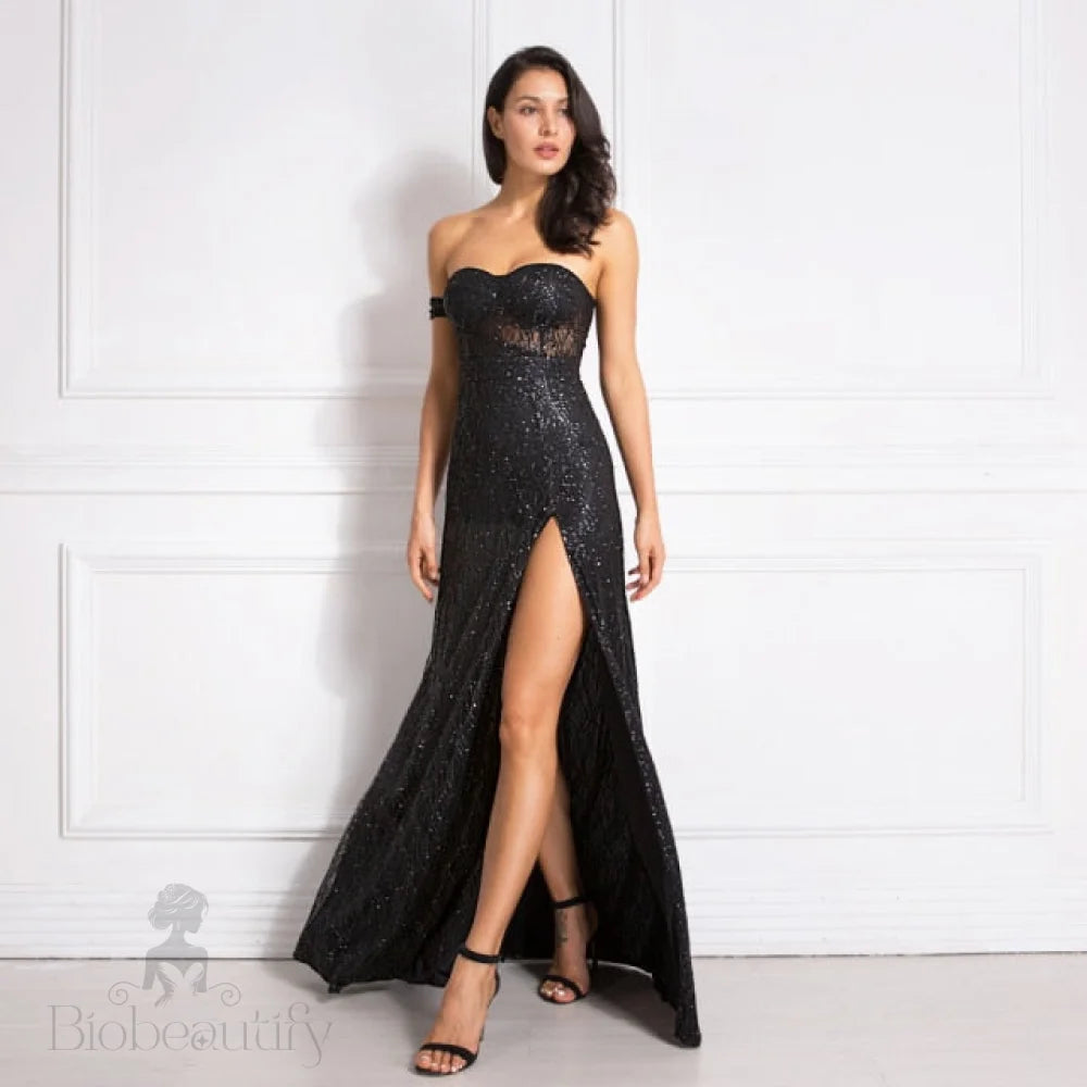 Afina Off Shoulder Gown with a Side Split - SunsetFashionLA