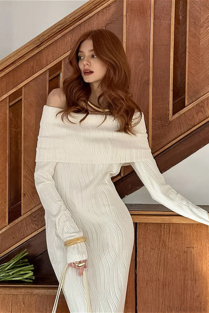 Off Shoulder Knit Slim Mermaid Maxi Dress Apricot / S