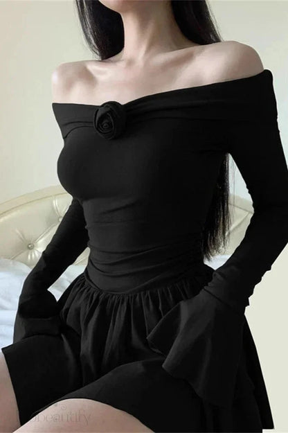 Off-Shoulder Long Sleeve Backless Mini Dress