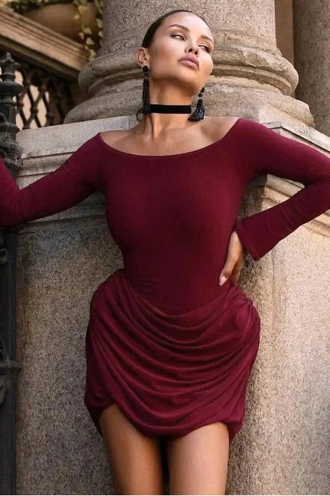 Off Shoulder Pleated Bodycon Mini Dress