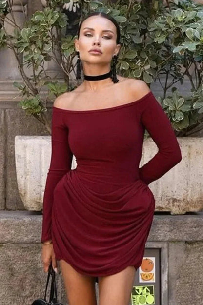 Off Shoulder Pleated Bodycon Mini Dress