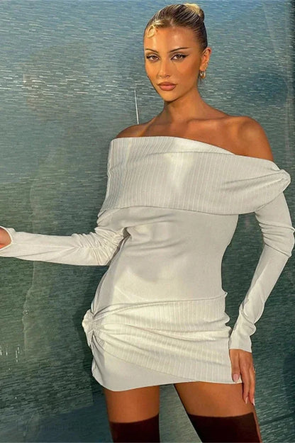 Off-Shoulder Pleated Long Sleeve Mini Dress