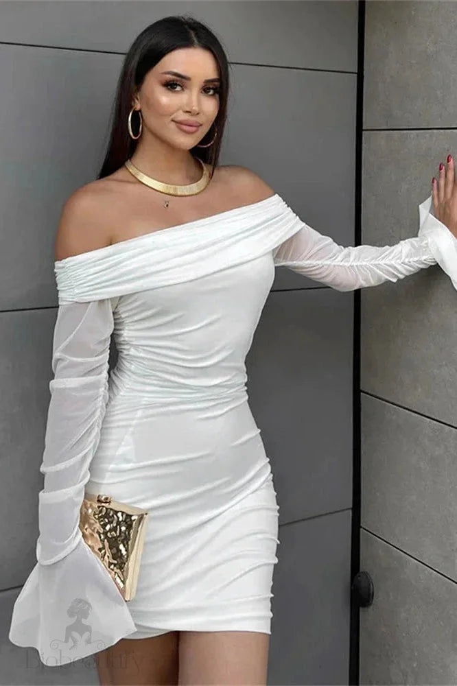 Off-Shoulder Pleated Mini Dress With See-Through Long Sleeves