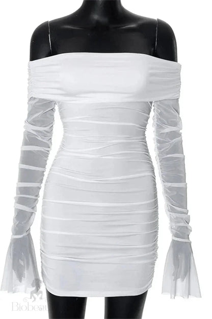 Off-Shoulder Pleated Mini Dress With See-Through Long Sleeves