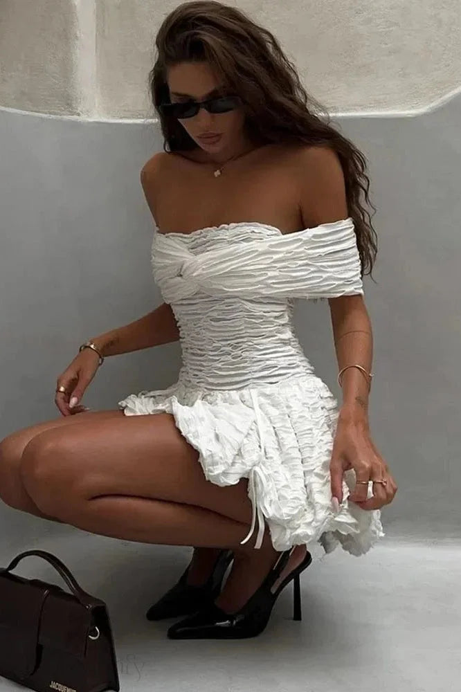 Off-Shoulder Pleated Sleeveless A-Line Mini Dress With High Waist