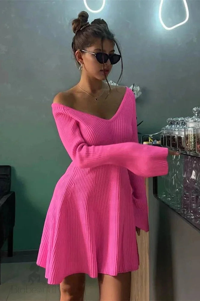 Off-Shoulder V-Neck Mini Dress With High Waist And Long Sleeves