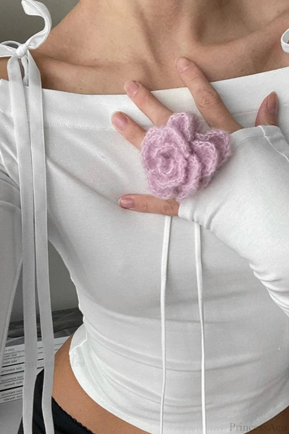 Off-the-Shoulder Tie Detail Fitted Long Sleeve Blouse