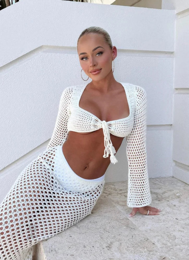 Olivia - Crochet Crop Top And Skirt Set White / L