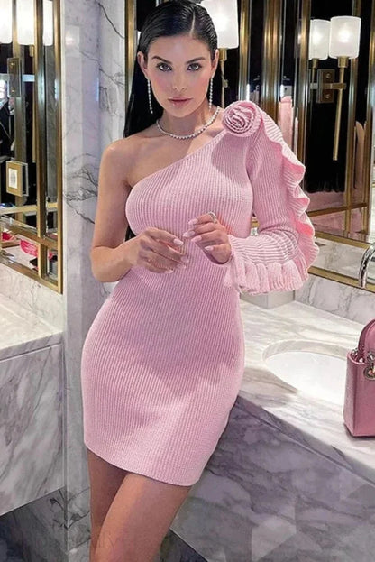 One Shoulder Long Sleeve Slim Mini Dress