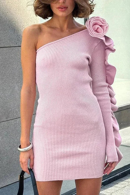 One Shoulder Long Sleeve Slim Mini Dress