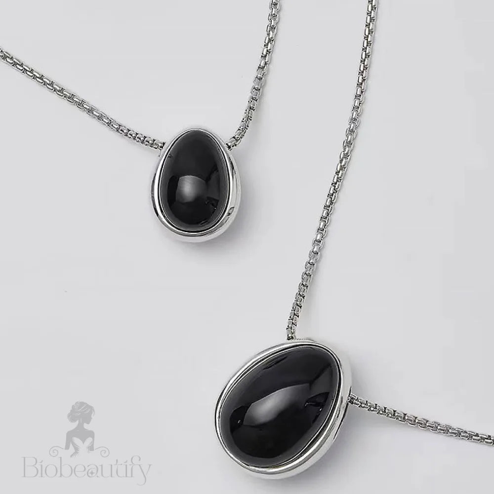 Onyx Pebble Pendant Necklace With Sterling Silver Plated Box Chain