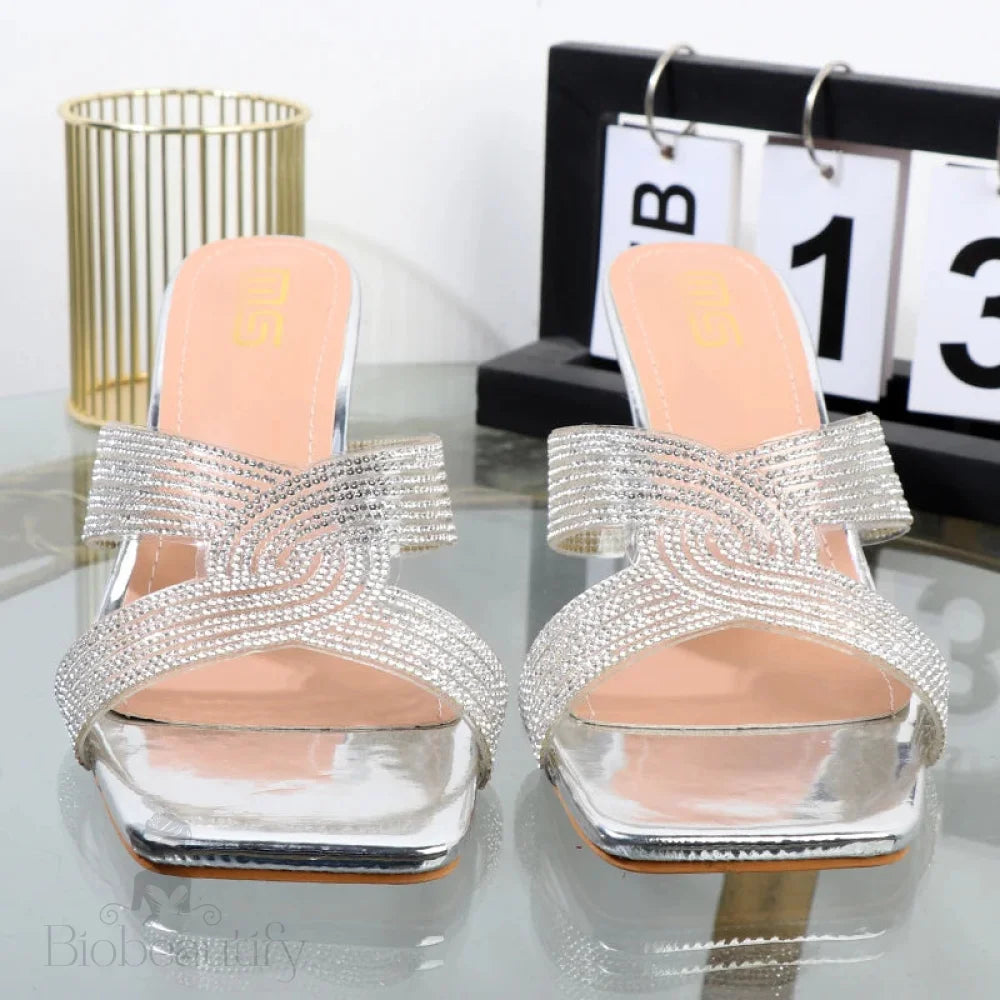 Open Toe Rhinestone Drag Slippers With Thin Heels