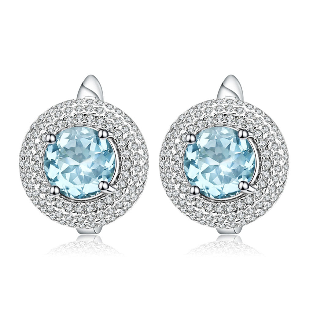 Blue Topaz Halo Cluster Stud Earrings With Clear Cubic Zirconia Sky / One Size