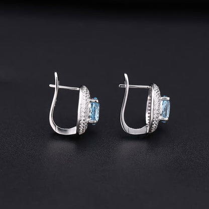 Blue Topaz Halo Cluster Stud Earrings With Clear Cubic Zirconia