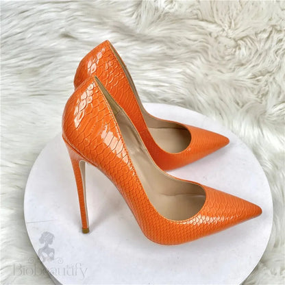 Orange Crocodile Effect Women Pointy Toe High Heel Shoes