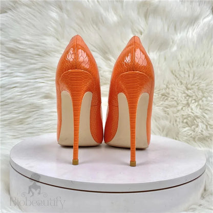 Orange Crocodile Effect Women Pointy Toe High Heel Shoes