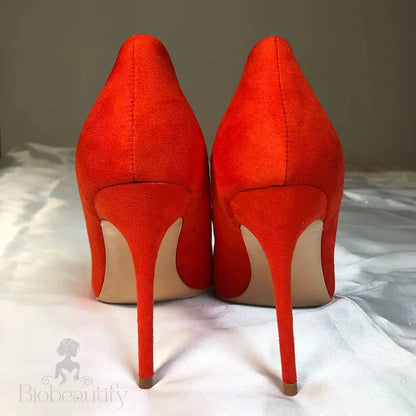 Orange Faux Suede Pointed Toe Stiletto Pumps In 8Cm 10Cm And 12Cm High Heels For Women